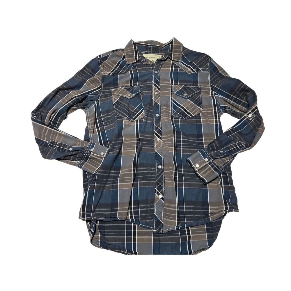 Supply Company Pearl Snap‎ Plaid Western Shirt Blue Grey Men's M